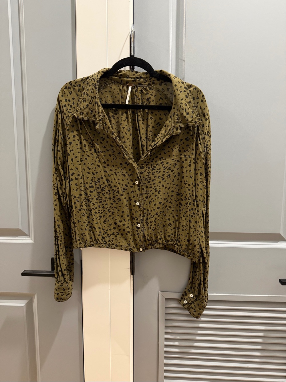 Olive Green Printed Button-Up Crop Shirt